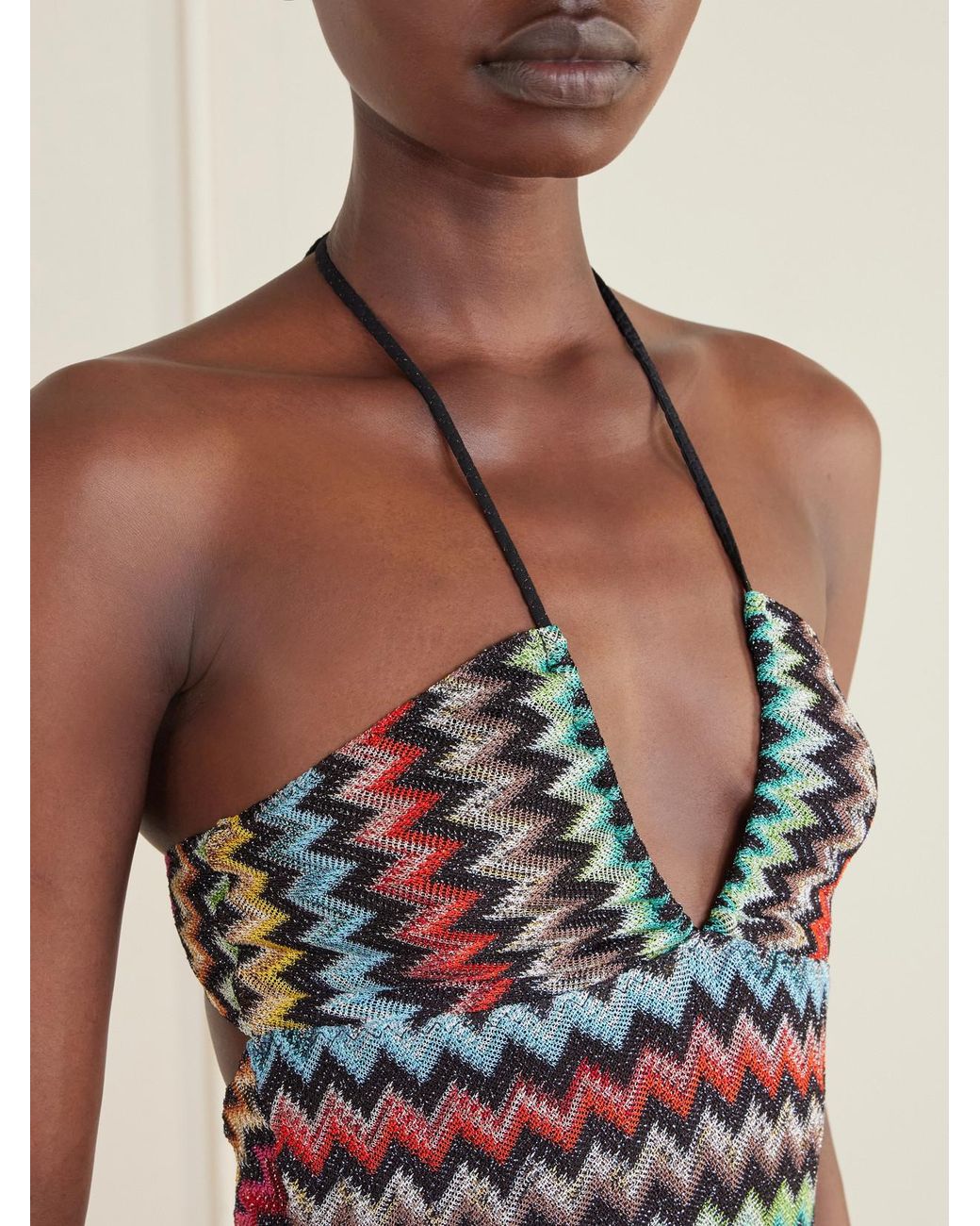 Missoni White Striped Metallic Crochet-Knit Swimsuit