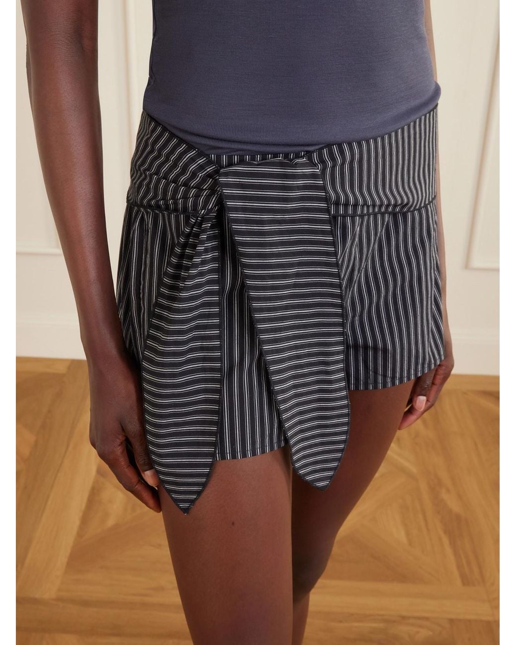 Deiji Studios Black Belted Striped Organic Cotton Shorts