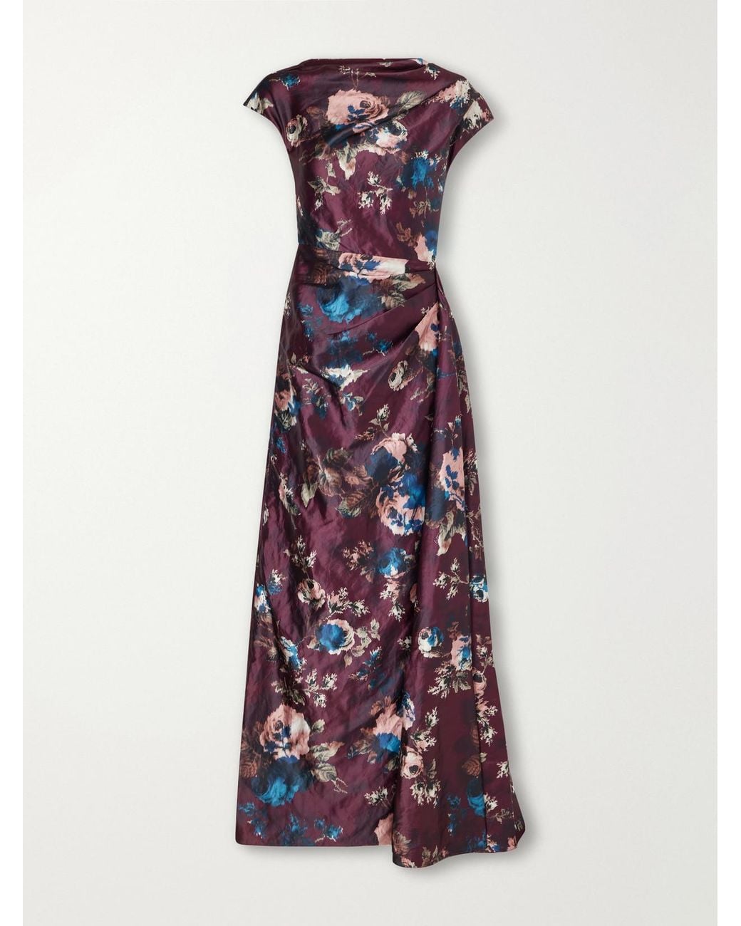 Erdem Purple Floral-Print Draped Crinkled Satin Gown