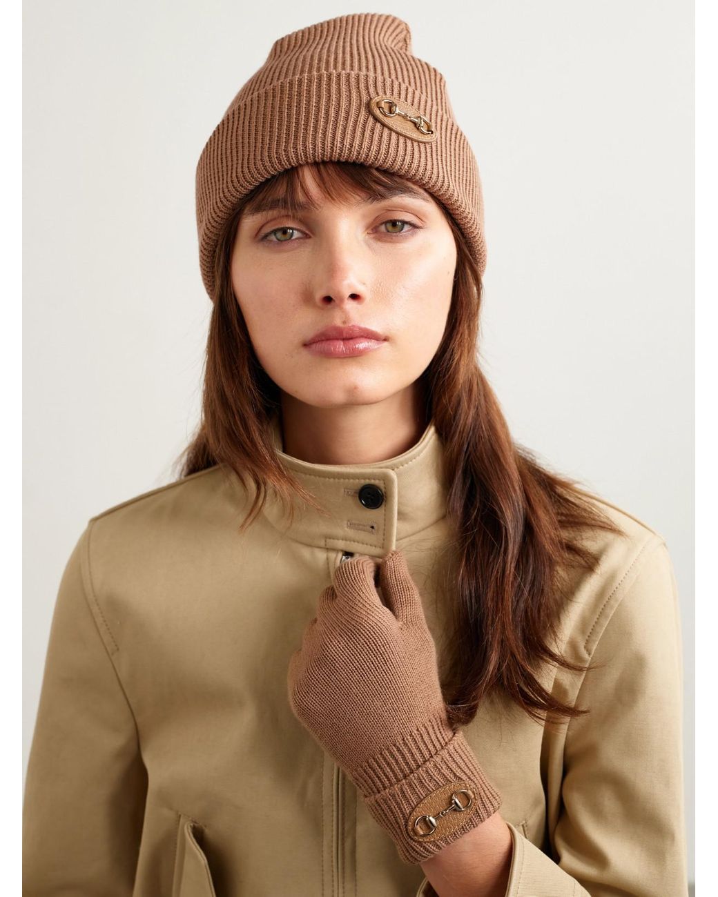 Gucci Natural Horsebit-Detailed Appliquéd Ribbed Wool Beanie