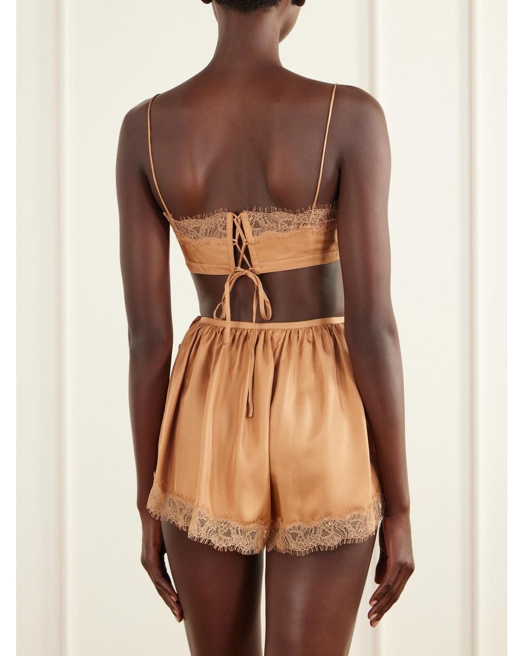 Ulla Johnson Natural Leiko Cropped Chantilly Lace-Trimmed Silk-Twill Top