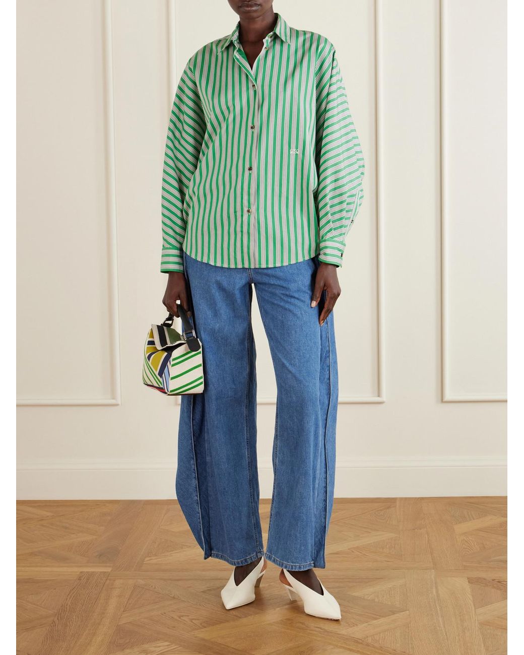 Loewe Green Puzzle Striped Leather-Trimmed Canvas Top-Handle Bag