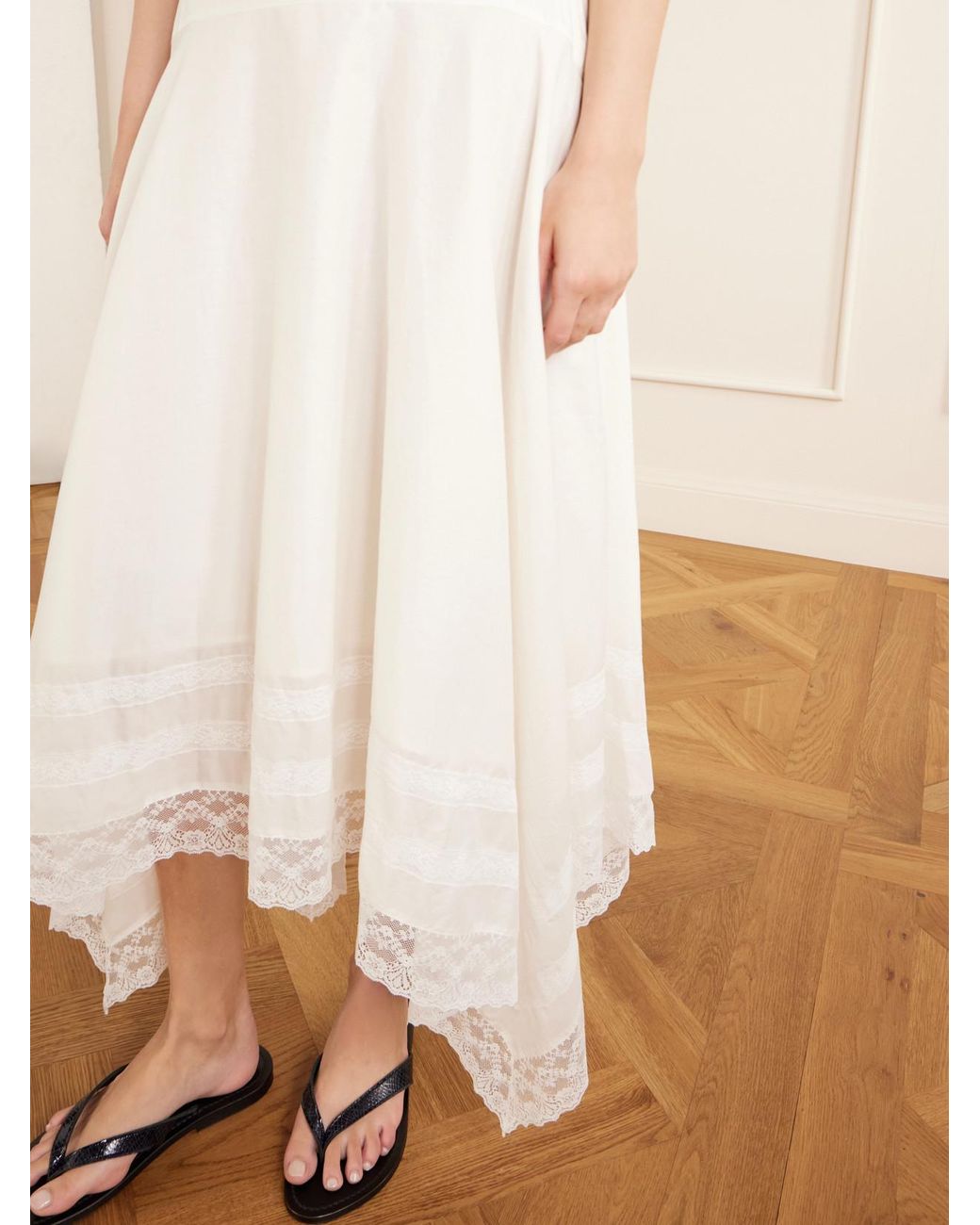 Staud White Ainsley Asymmetric Lace-Trimmed Cotton-Voile Maxi Skirt
