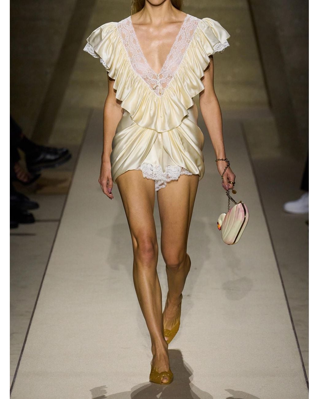 Chloé Natural Ruffled Lace-Trimmed Silk-Satin Playsuit
