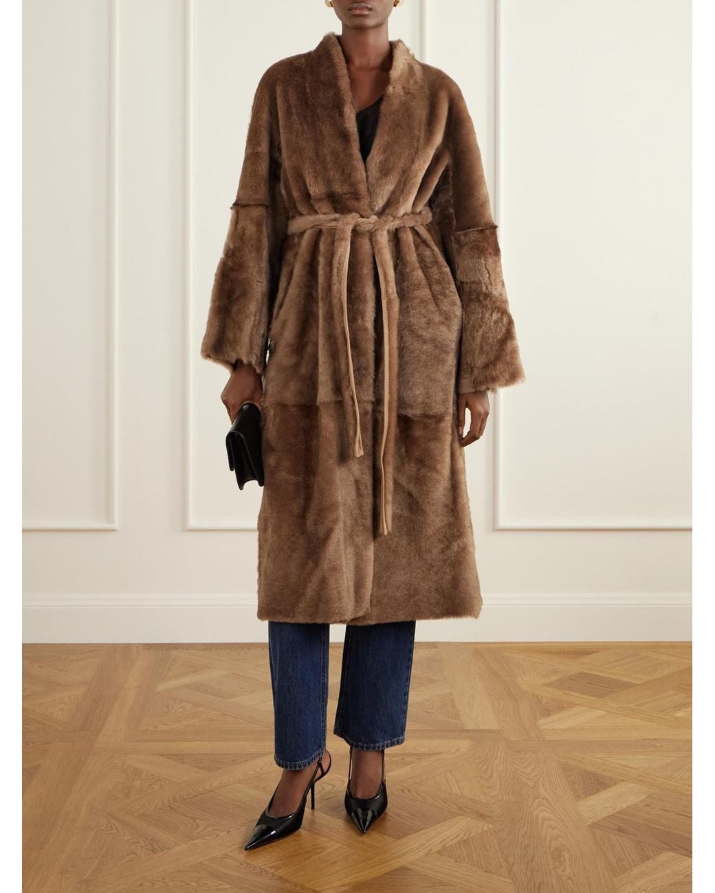 Nour Hammour Brown Davos Belted Shearling Coat