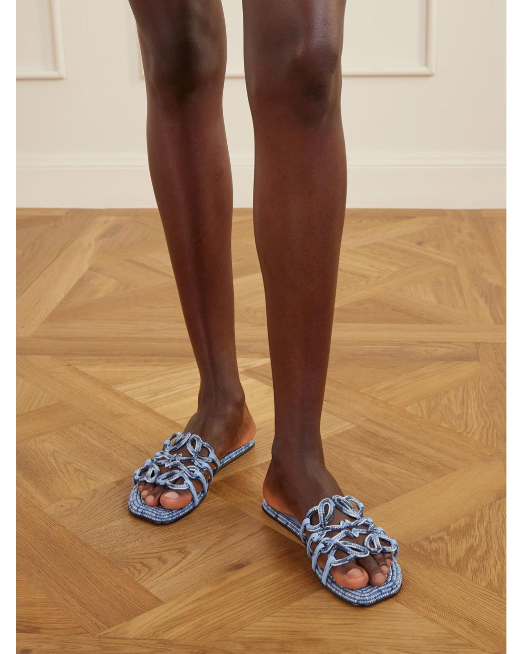 Loewe Blue Paula's Ibiza Leather-Trimmed Embroidered Canvas Slides