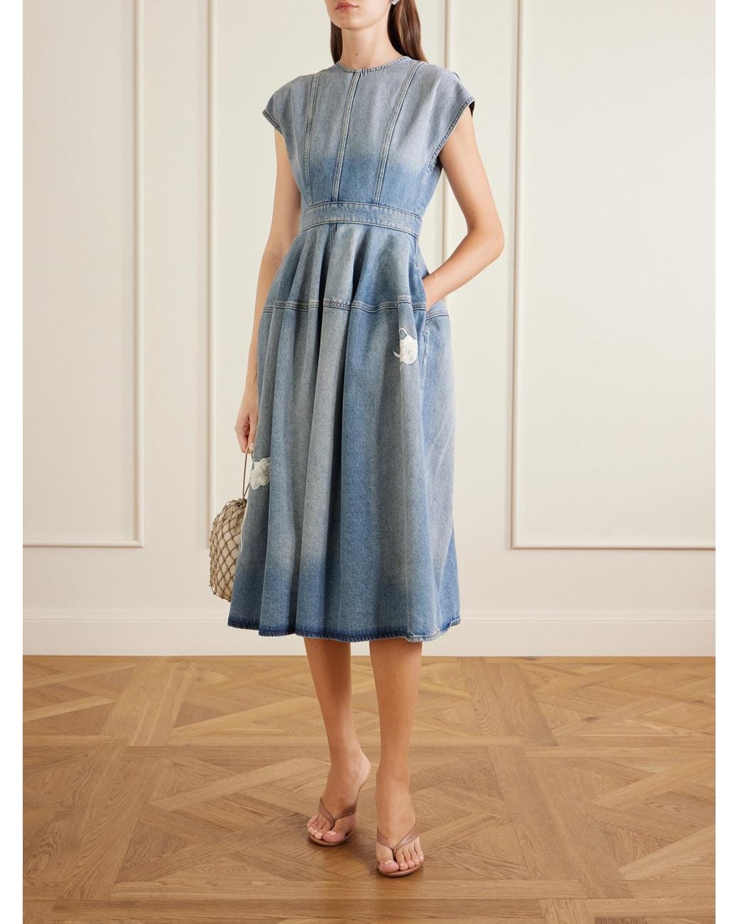 Erdem Blue Floral-Appliquéd Denim Midi Dress