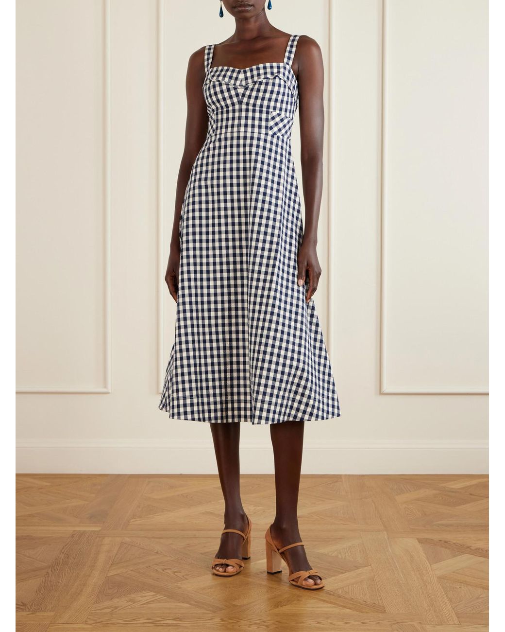 Veronica Beard White Lois Checked Stretch-Cotton Cloqué Midi Dress