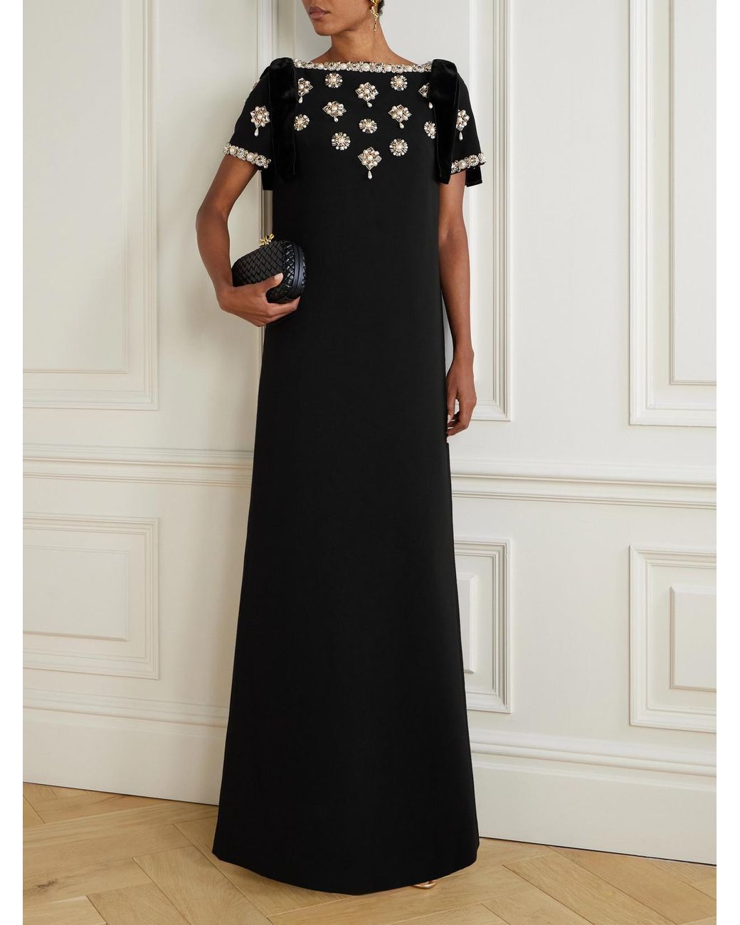 Carolina Herrera Black Embellished Velvet-Trimmed Crepe Gown