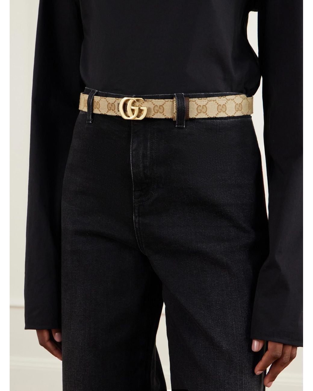 Gucci Natural Cut Gg Marmont Reversible Leather And Printed Coated-Canvas Belt