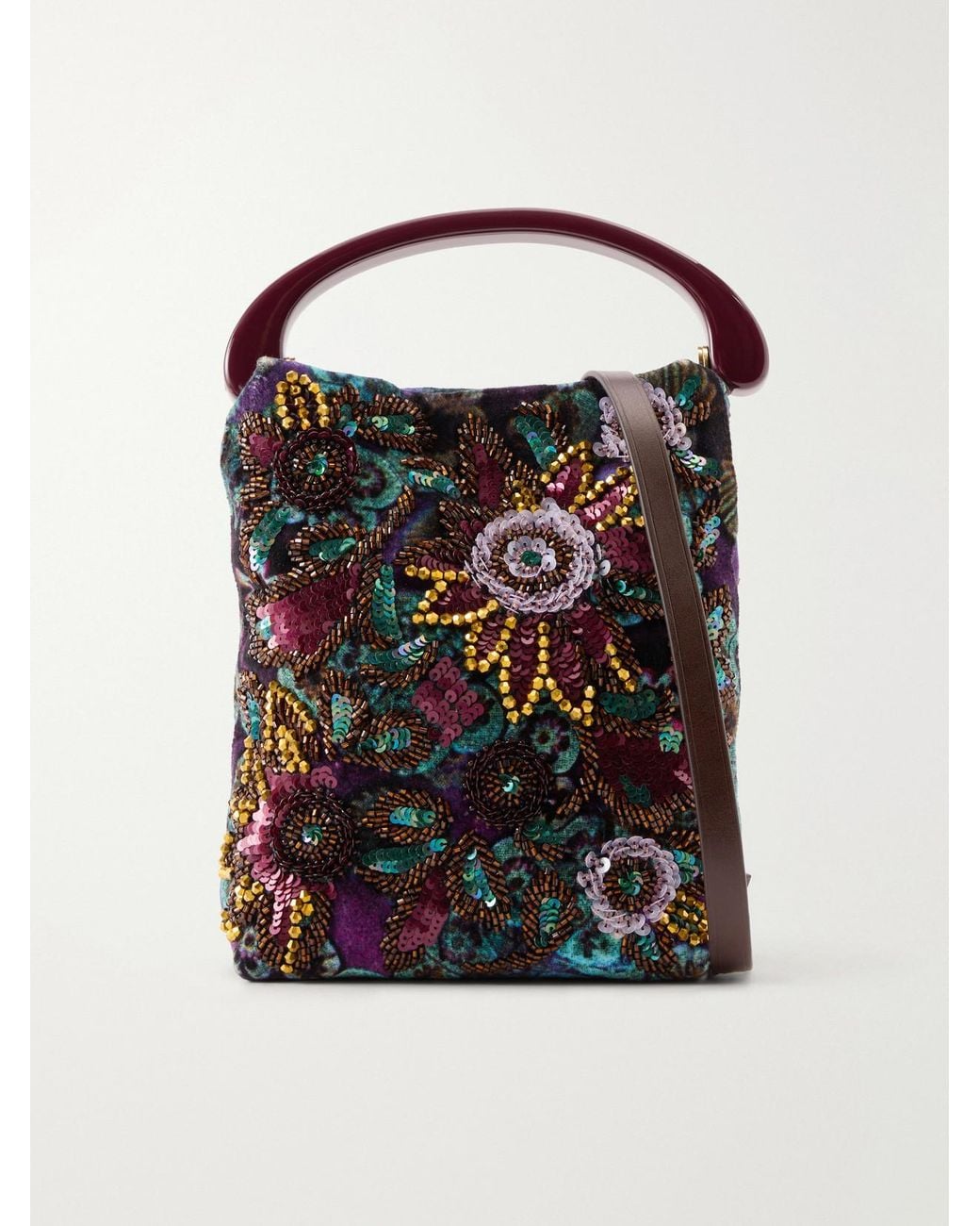 Dries Van Noten Black Bead-Embellished Printed Leather-Trimmed Velvet Top-Handle Bag