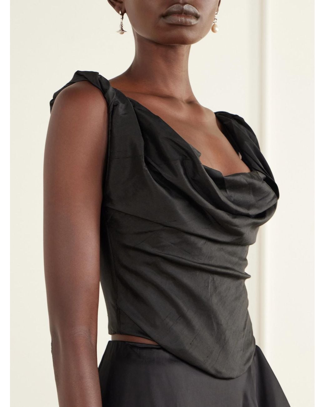 Staud Black Olivia Draped Silk-Dupioni Bustier Top
