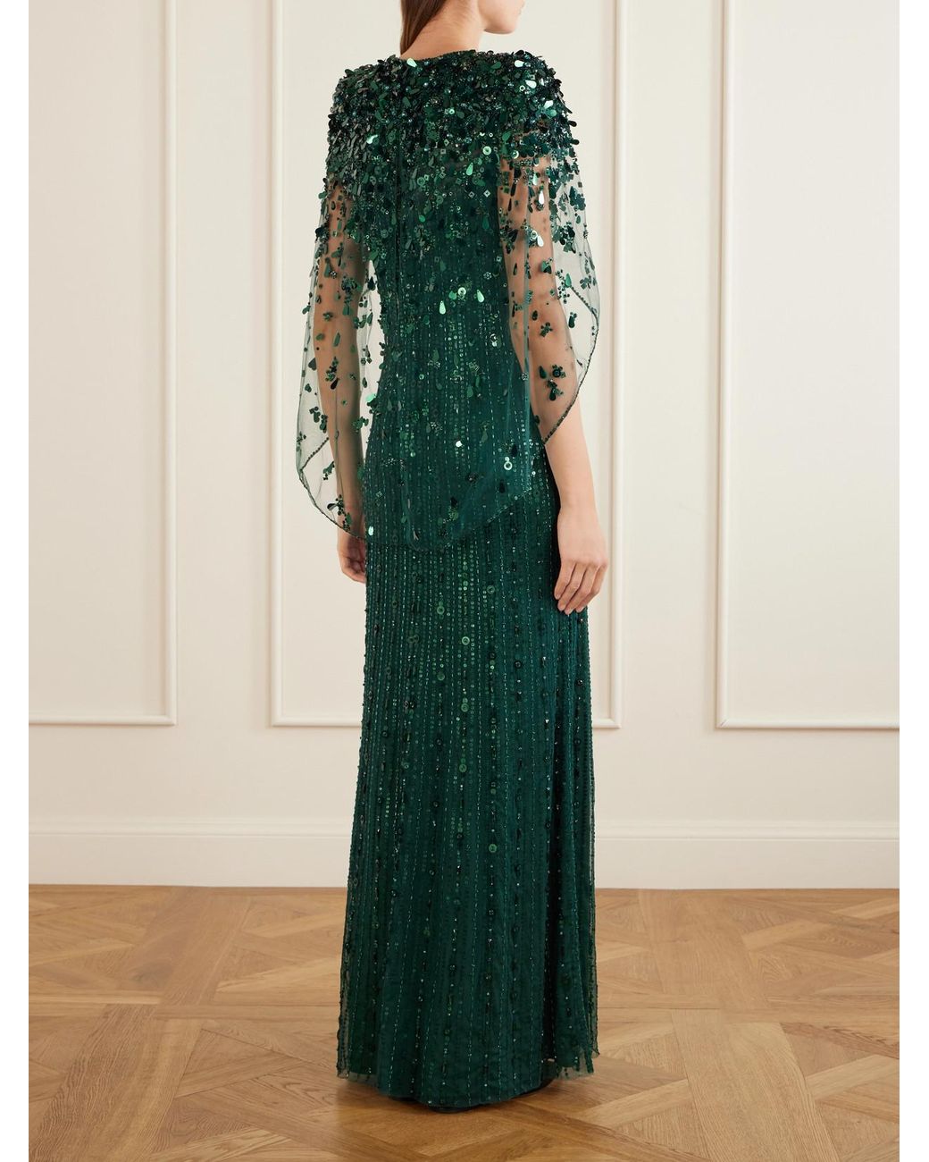 Jenny Packham Green Nettie Embellished Sequined Tulle Gown