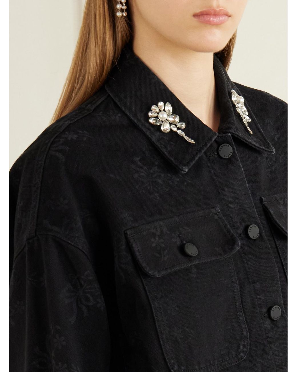 Simone Rocha Black Crystal-Embellished Floral-Print Denim Jacket