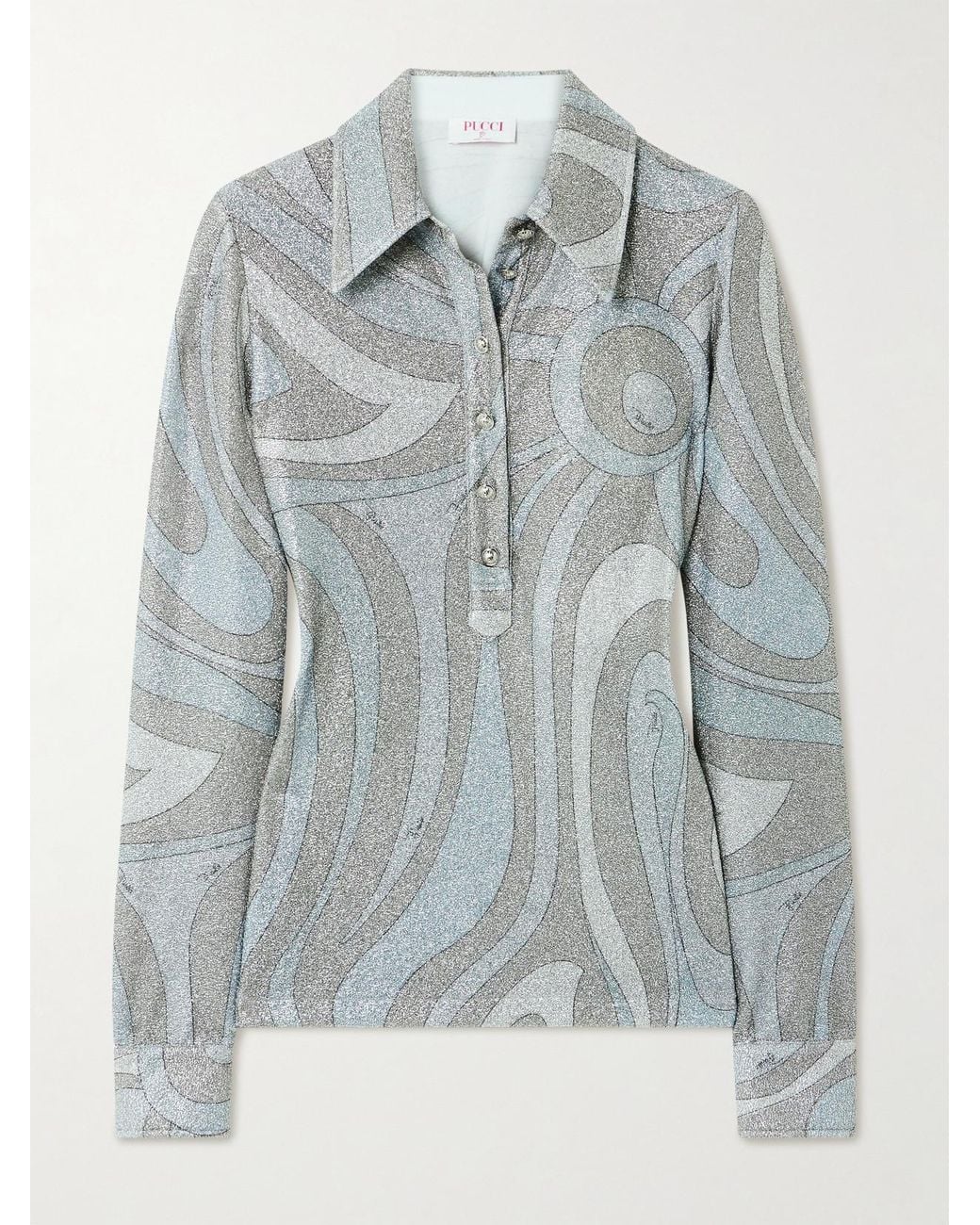 Emilio Pucci Blue Printed Metallic Jersey Polo Shirt