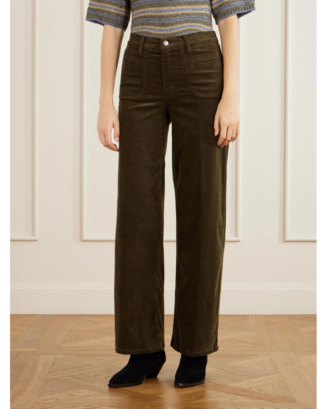 FRAME Green Le Slim Palazzo Modernist Cotton-Blend Corduroy High-Rise Wide-Leg Pants