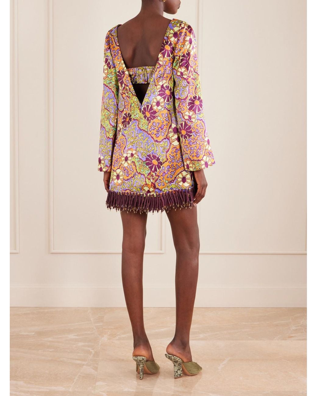 ALÉMAIS Multicolor Floral-Print Fringed Satin Mini Dress