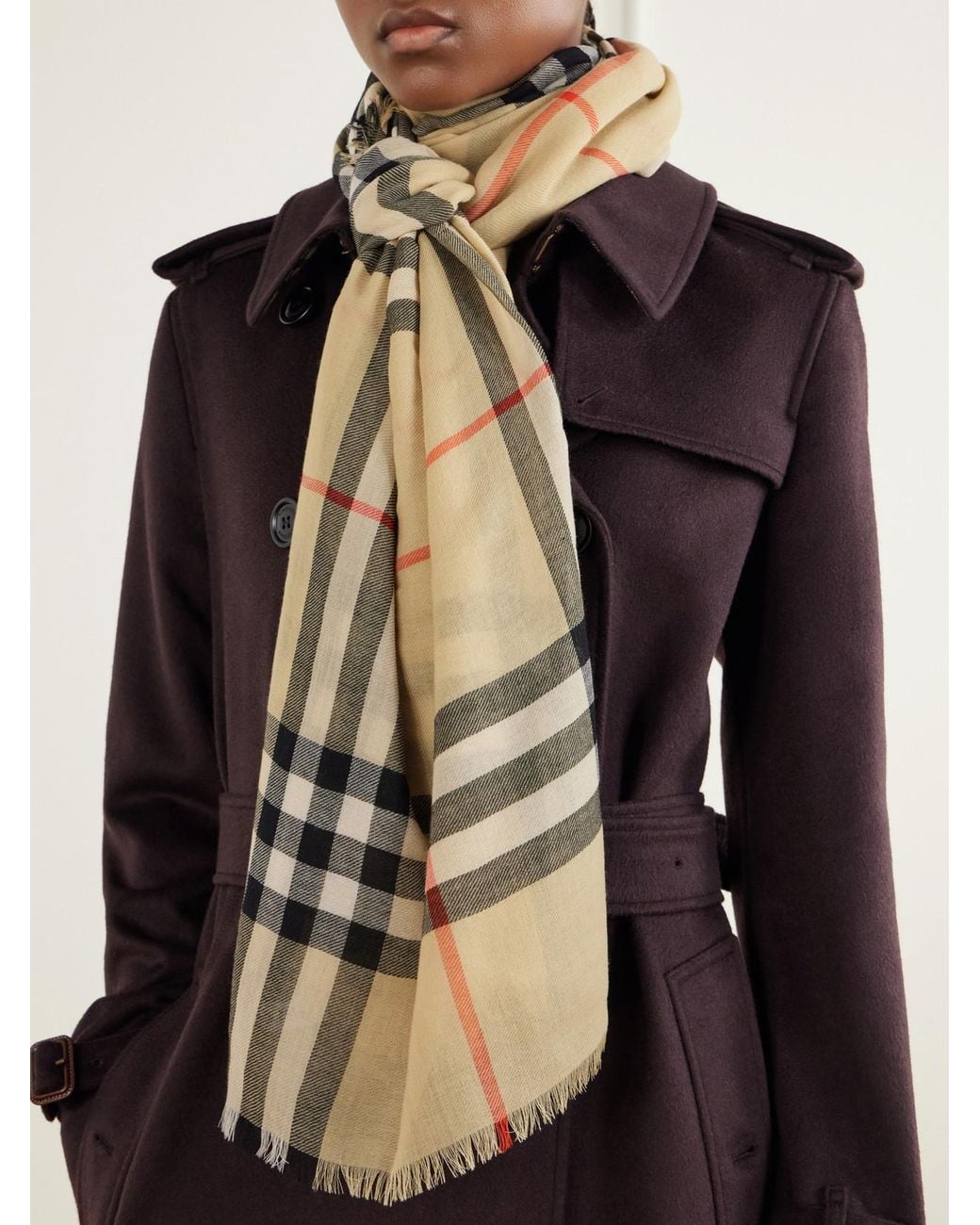 Burberry Natural Fringed Checked Wool Scarf