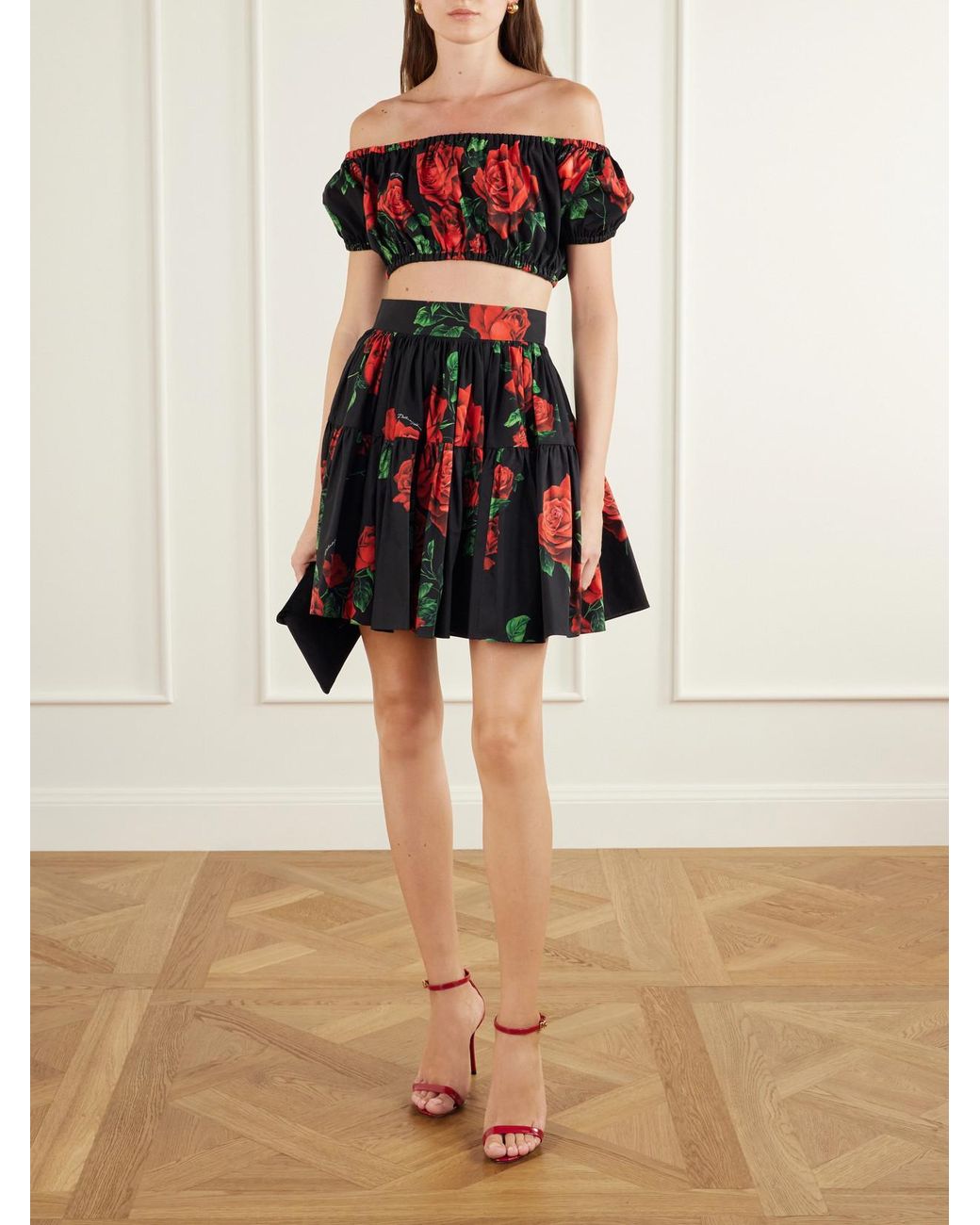 Dolce & Gabbana Red Off-The-Shoulder Cropped Floral-Print Cotton-Poplin Top