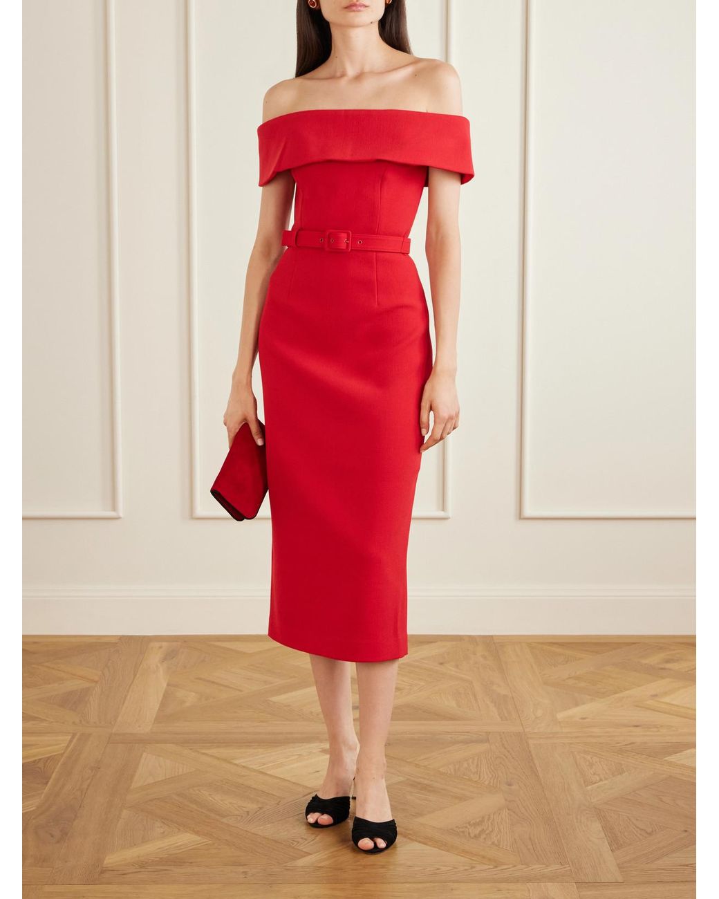 Rebecca Vallance Red Precious Off-The-Shoulder Belted Crepe Midi Dress