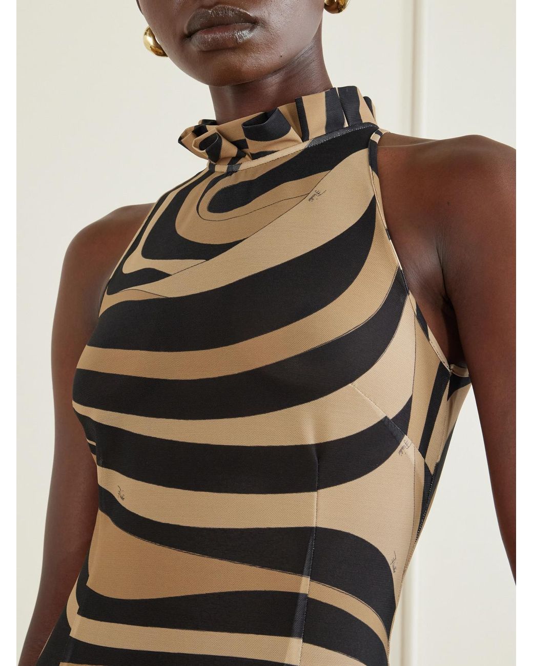 Emilio Pucci Natural Pleated Printed Mesh Mini Dress