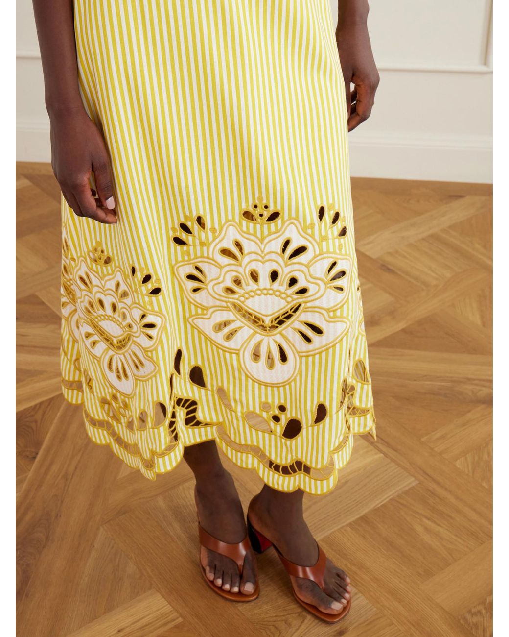 Farm Rio Yellow Striped Broderie Anglaise-Trimmed Linen-Blend Midi Skirt