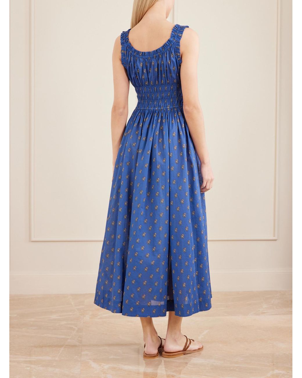 Doen Blue Emmaretta Shirred Floral-Print Cotton Midi Dress