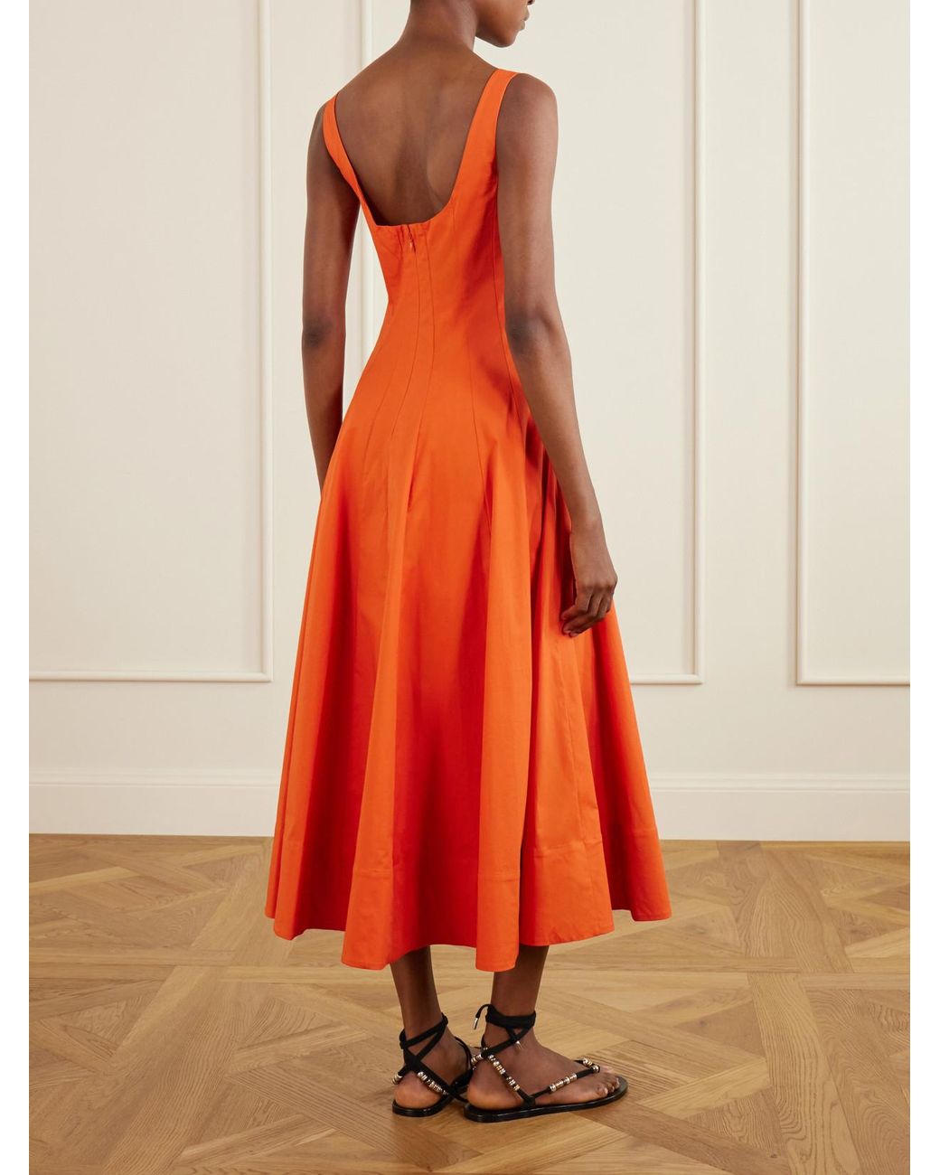 Staud Orange Wells Pleated Cotton-Blend Poplin Midi Dress