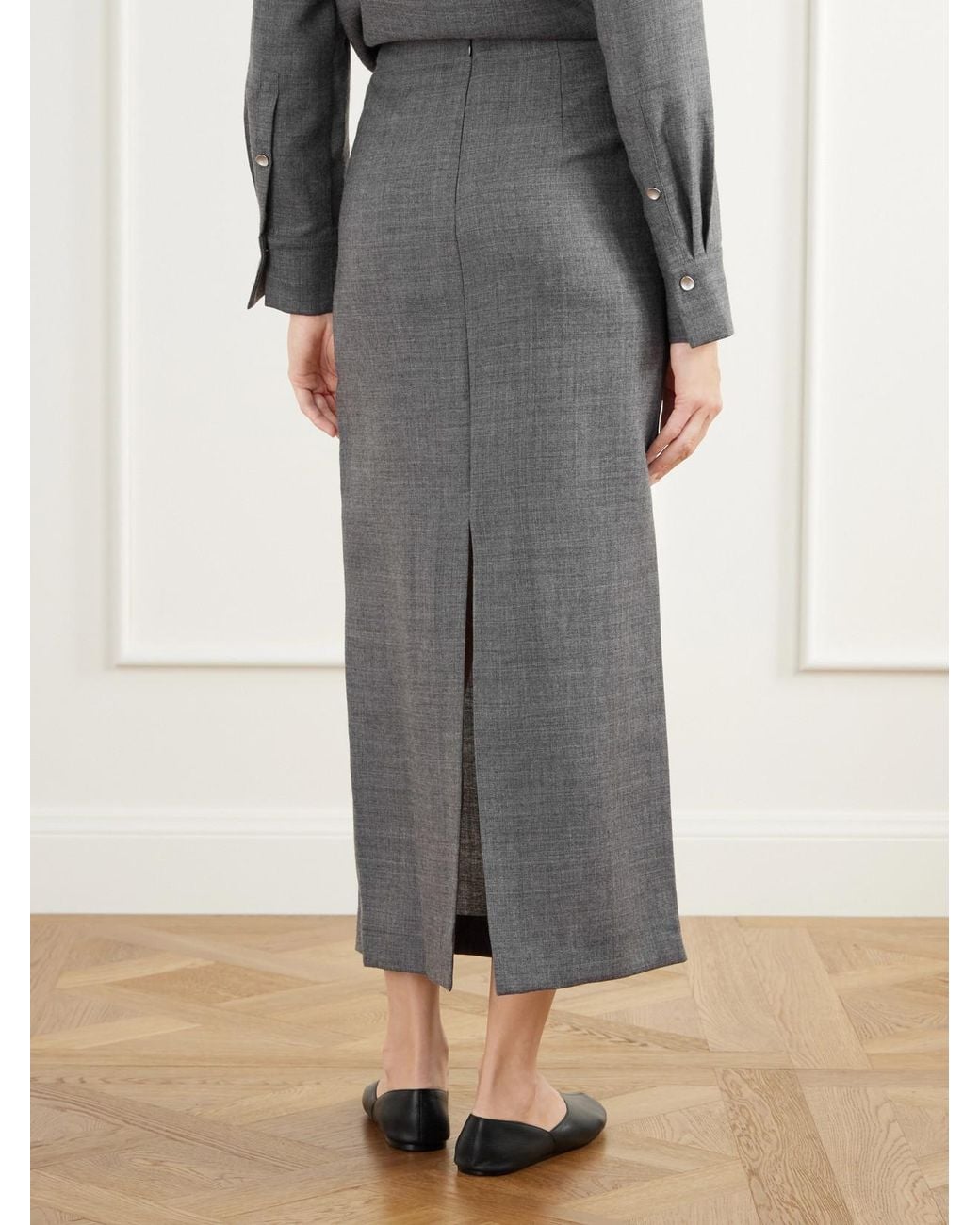 TOVE Gray Hope Knot-Detail Wool-Fresco Midi Skirt