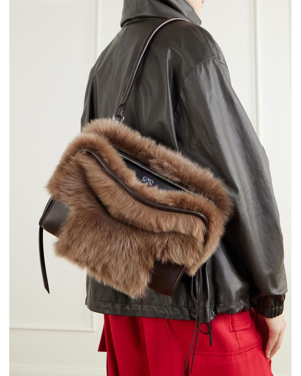 Loewe Brown Amazona 180 Medium Shearling-Trimmed Leather Shoulder Bag