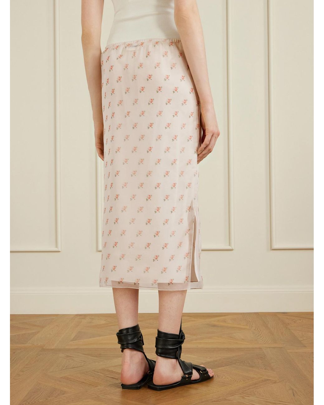 Khaite Natural Sydni Floral-Print Silk-Organza Midi Skirt