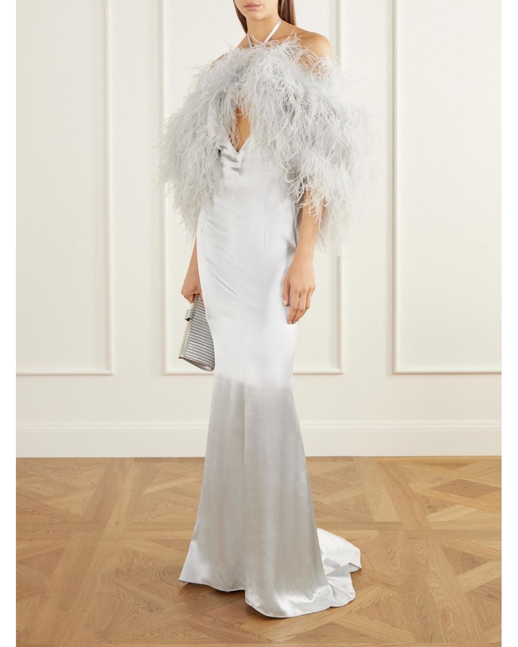 The Attico White Feather-Trimmed Halterneck Satin Gown