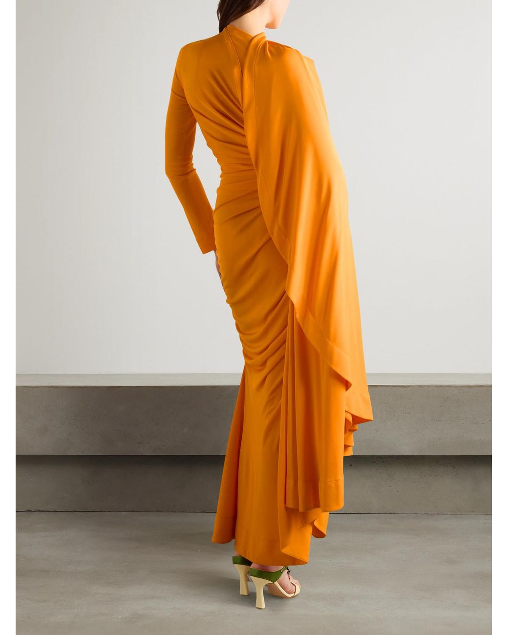Bottega Veneta Orange Draped Gathered Jersey Maxi Dress