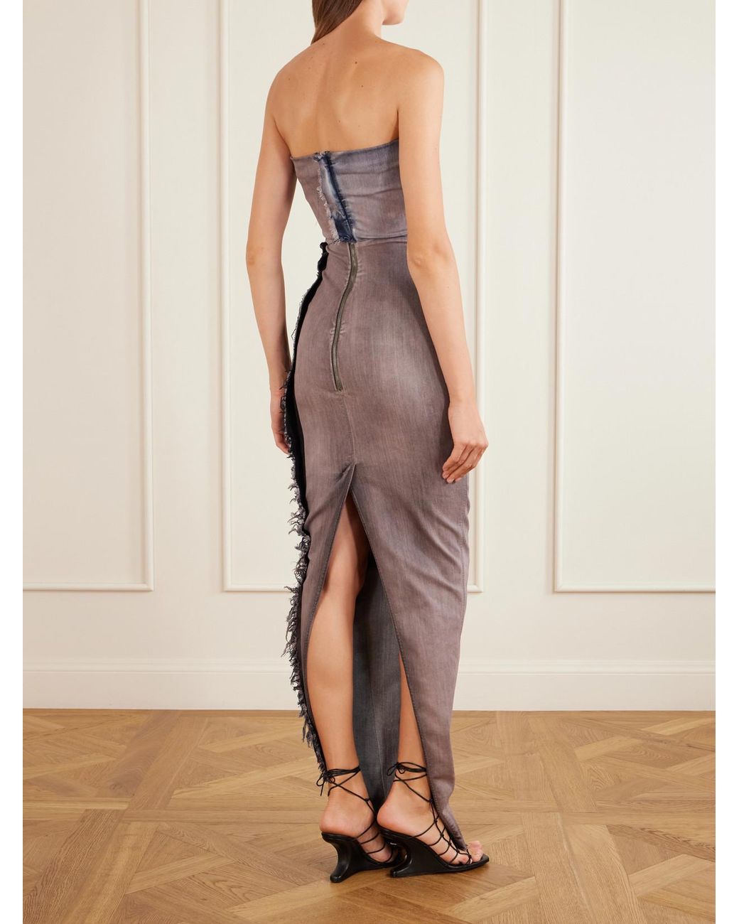 Rick Owens White Distressed Paneled Stretch-Denim Maxi Dress