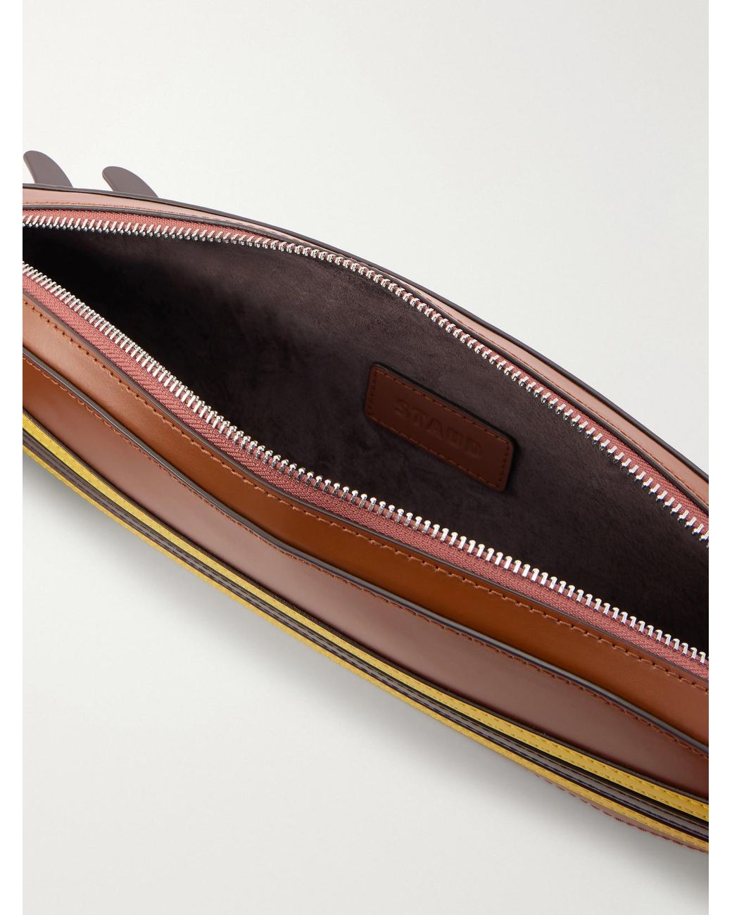 Staud Brown Surfboard Striped Leather Clutch