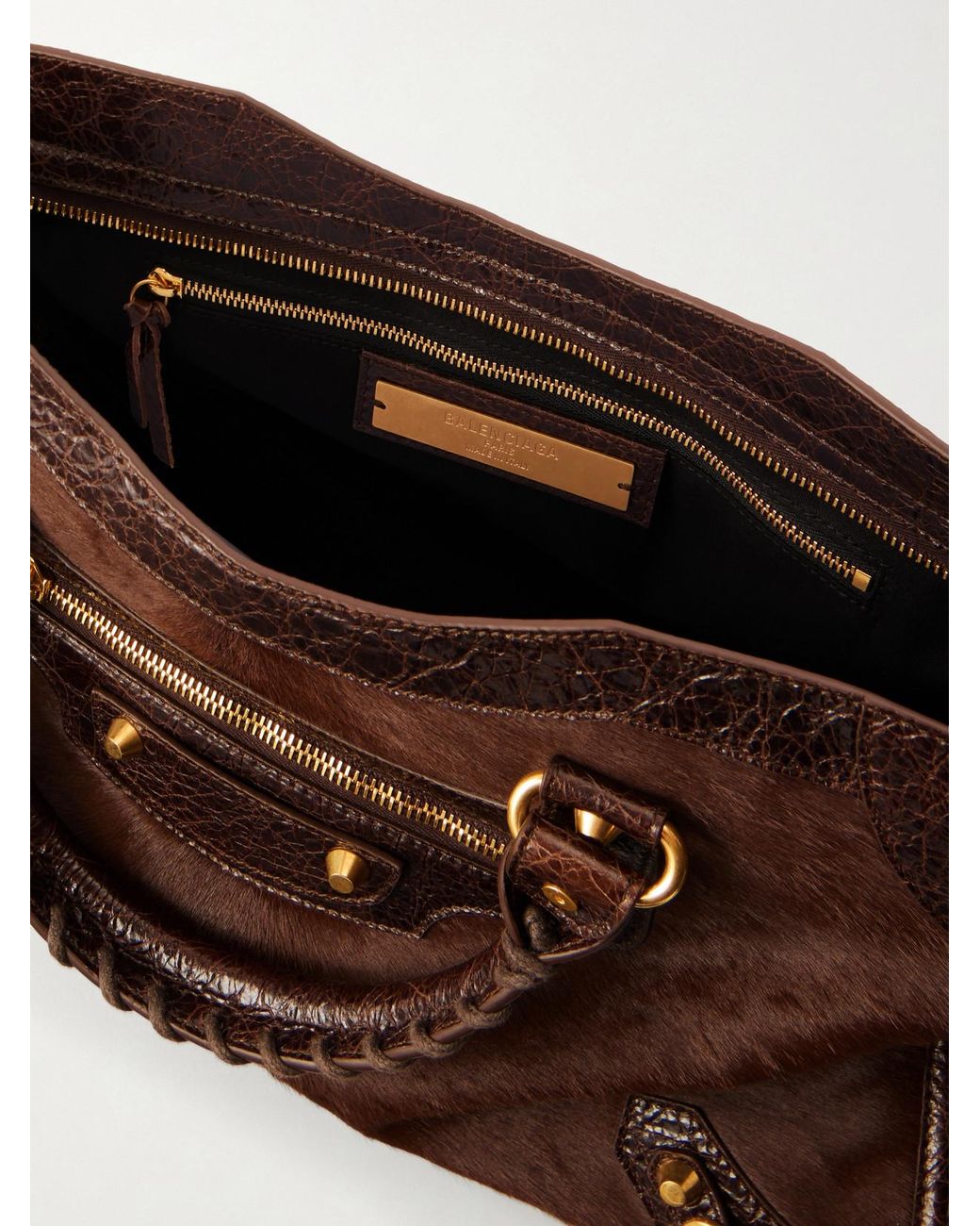 Balenciaga Brown Le City Crinkled Leather-Trimmed Pony Hair Shoulder Bag