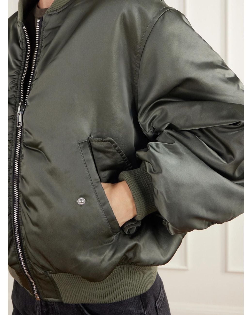 Agolde Green Frankie Reversible Plush And Satin Shell Bomber Jacket
