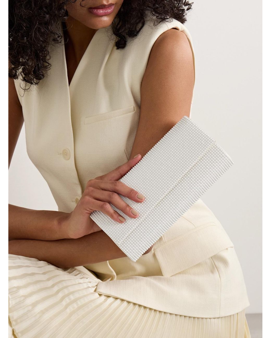 Judith Leiber Natural Perry Faux Pearl-Embellished Satin Clutch