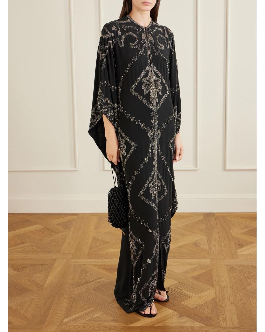 Johanna Ortiz Black Embellished Silk Maxi Dress