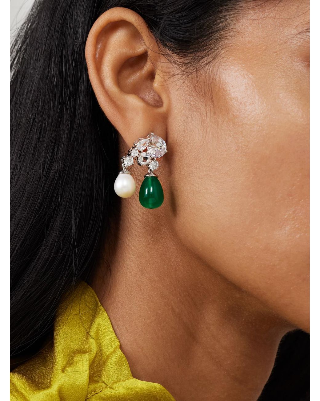COMPLETEDWORKS Green Rhodium-Plated, Cubic Zirconia, Resin And Pearl Earrings