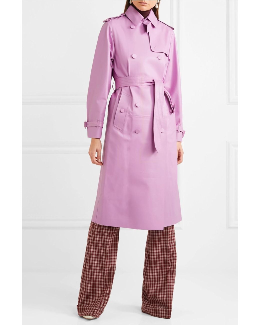 pink leather trench coat
