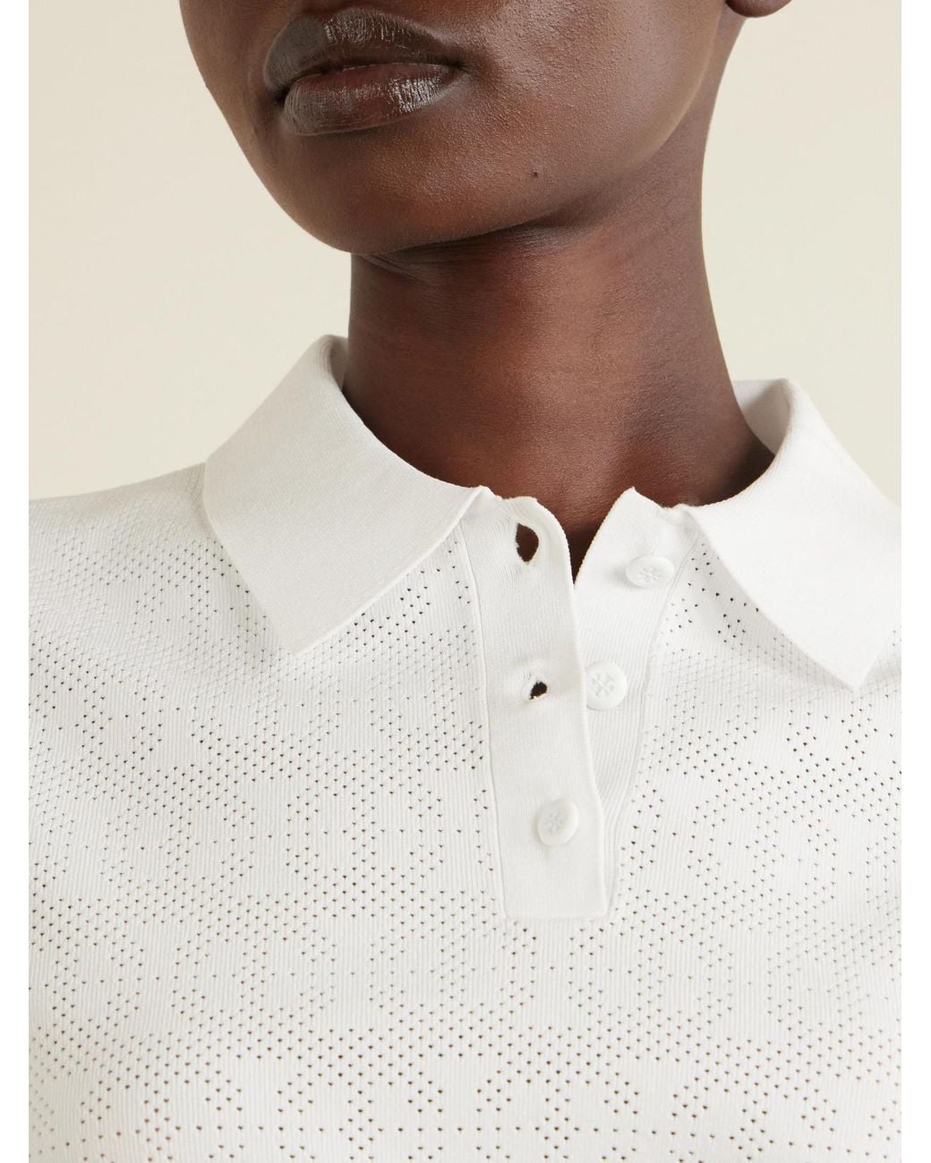 Tory Burch White Pointelle-Knit Polo Shirt