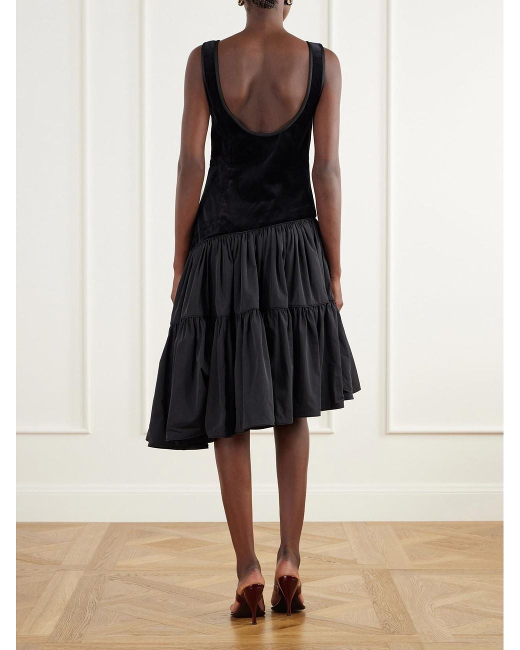 Posse Black Dean Asymmetric Tiered Cotton-Velvet Midi Dress