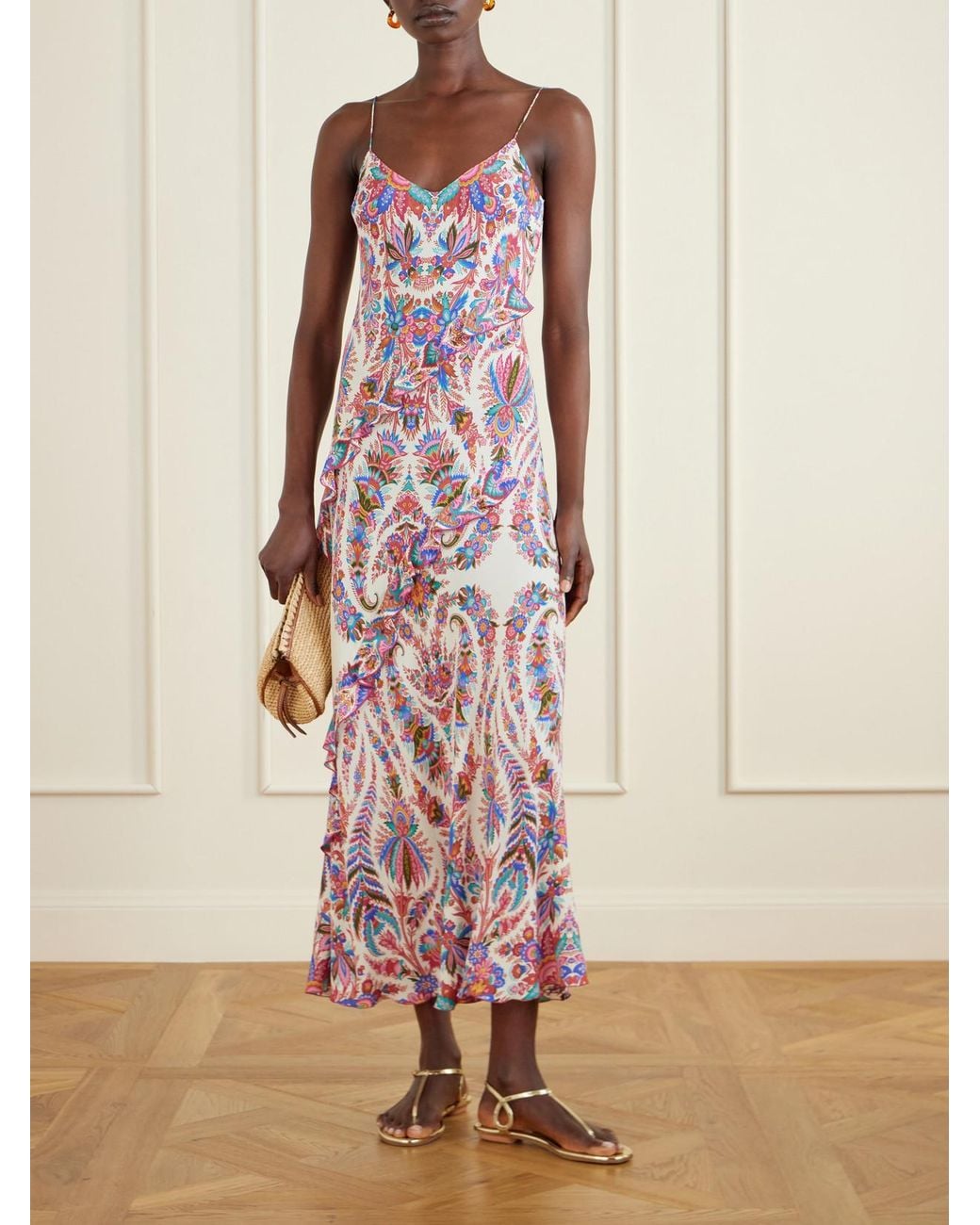 Etro Pink Ruffled Paisley-Print Chiffon Maxi Dress