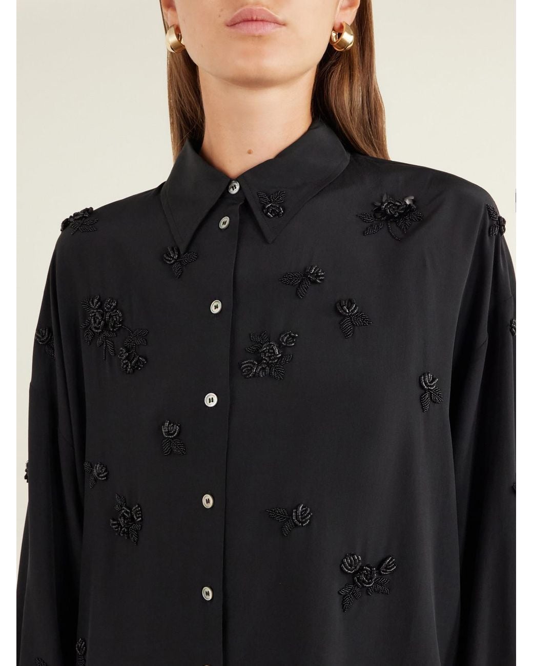 BERNADETTE Black Everett Floral-Embellished Silk Shirt