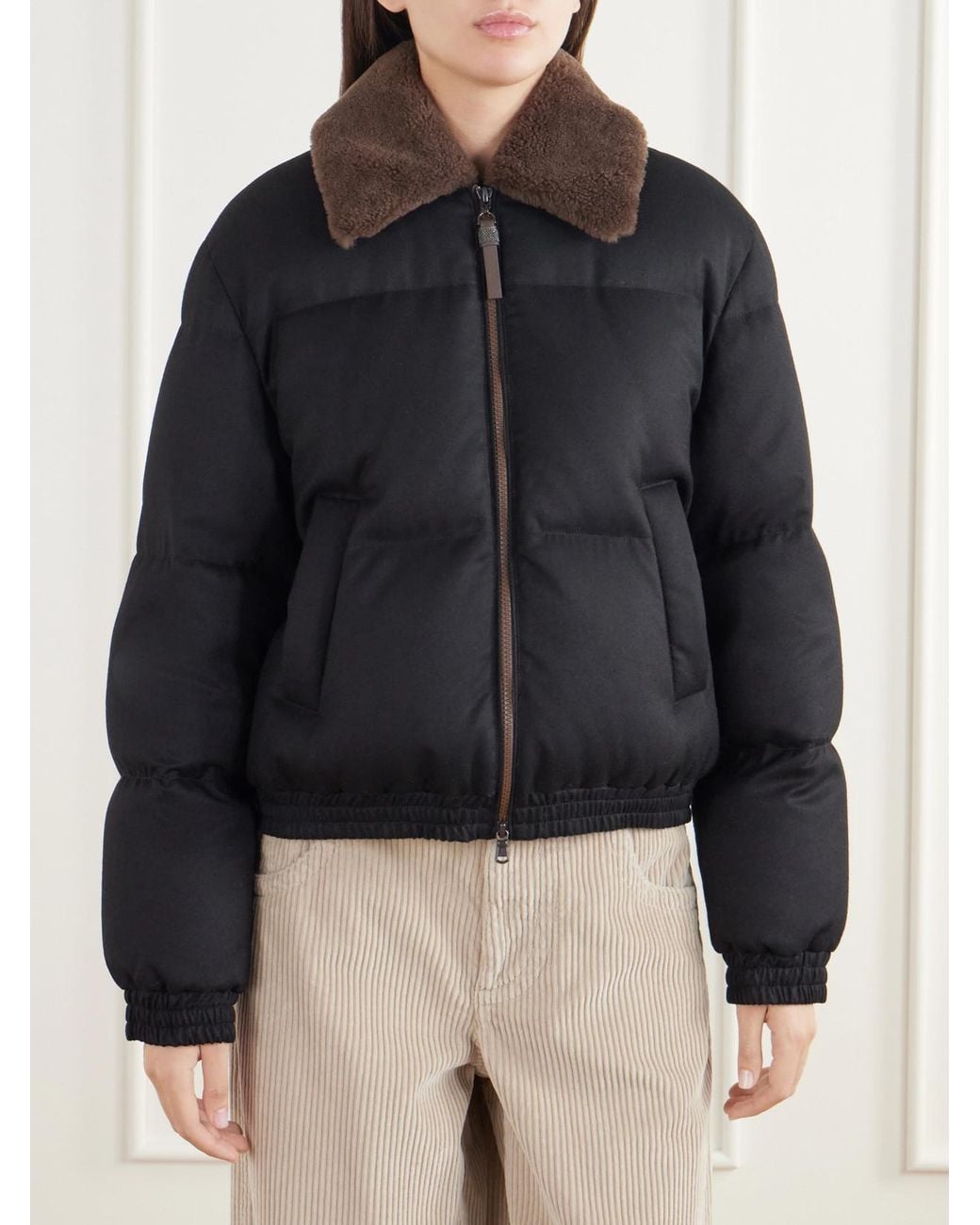 Brunello Cucinelli Black Quilted Shearling-Trimmed Wool-Twill Down Jacket