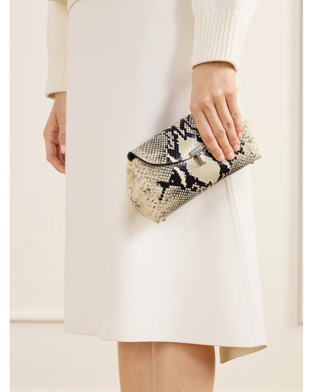 Totême Natural T-Lock Mini Snake-Effect Leather Clutch
