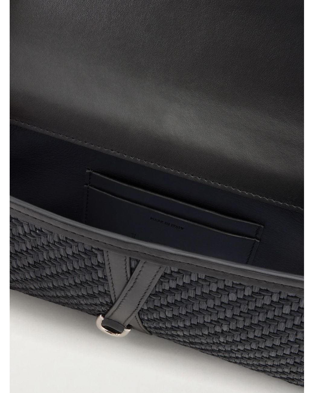 Liffner Gray Belted Leather-Trimmed Raffia Clutch