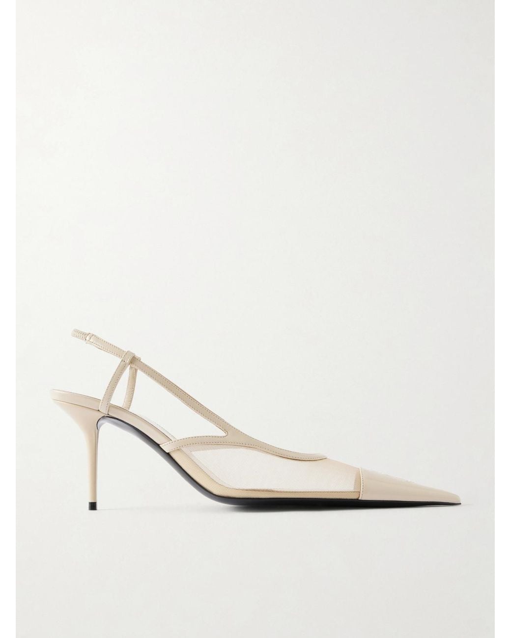 Saint Laurent White Renée Cassandre-Embroidered Patent Leather-Trimmed Mesh Slingback Pumps