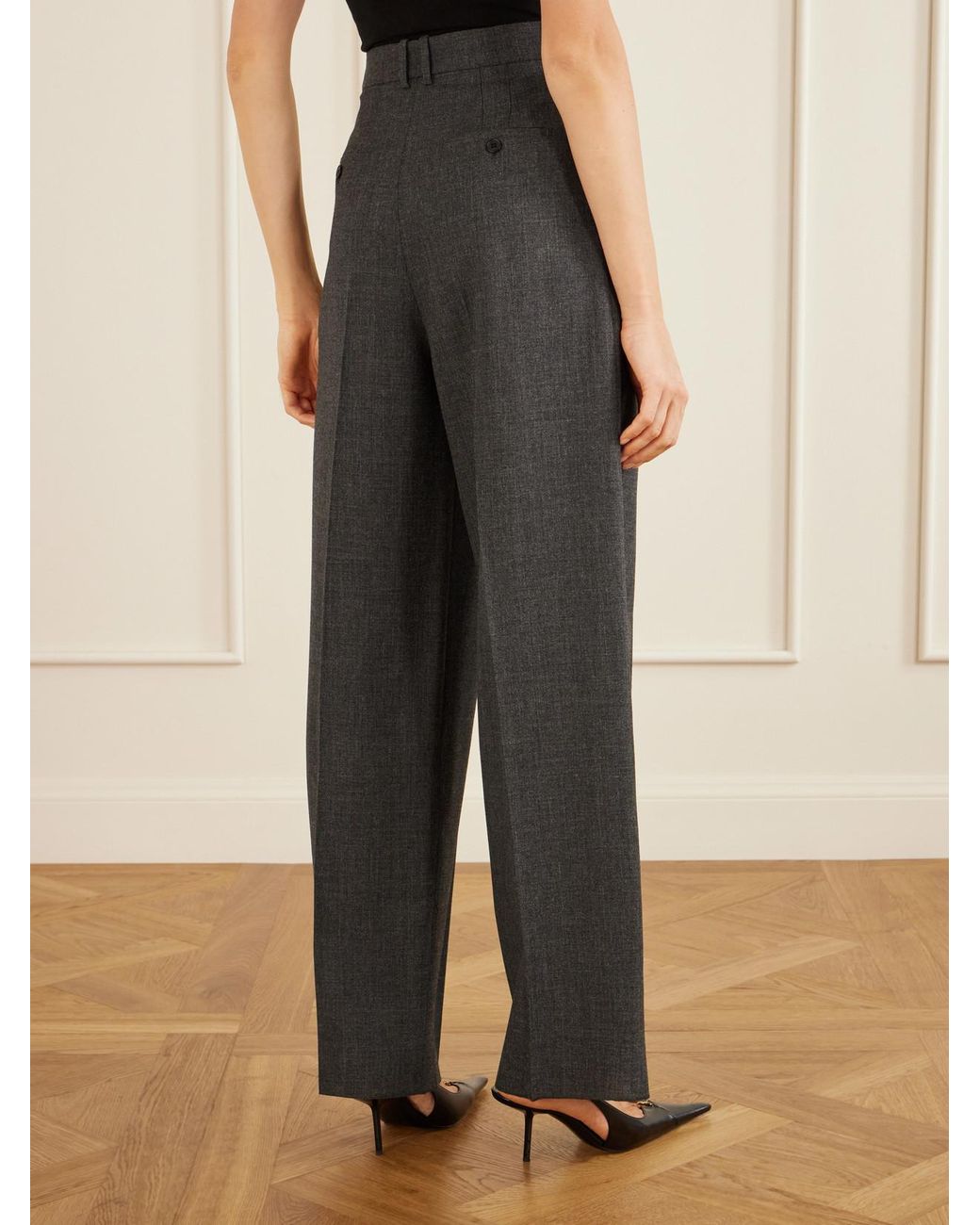 Saint Laurent Gray Wool Wide-Leg Pleated Pants